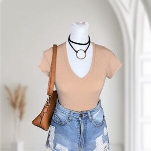 Full Tilt Essentials Tan Ribbed V-Neck Short Sleeve Top Size XXS